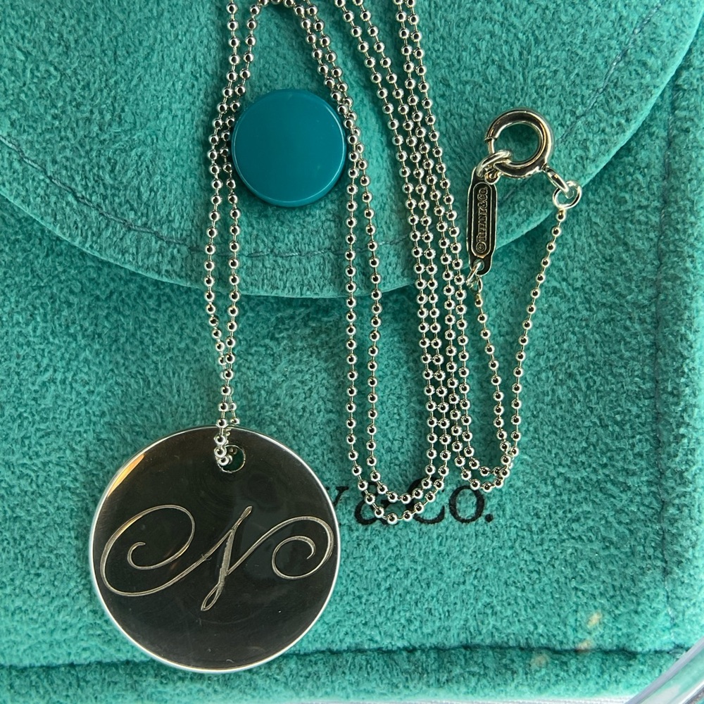 Tiffany & Co 18" Letter N Initial Lg Disc Pendant Beaded Silver Necklace